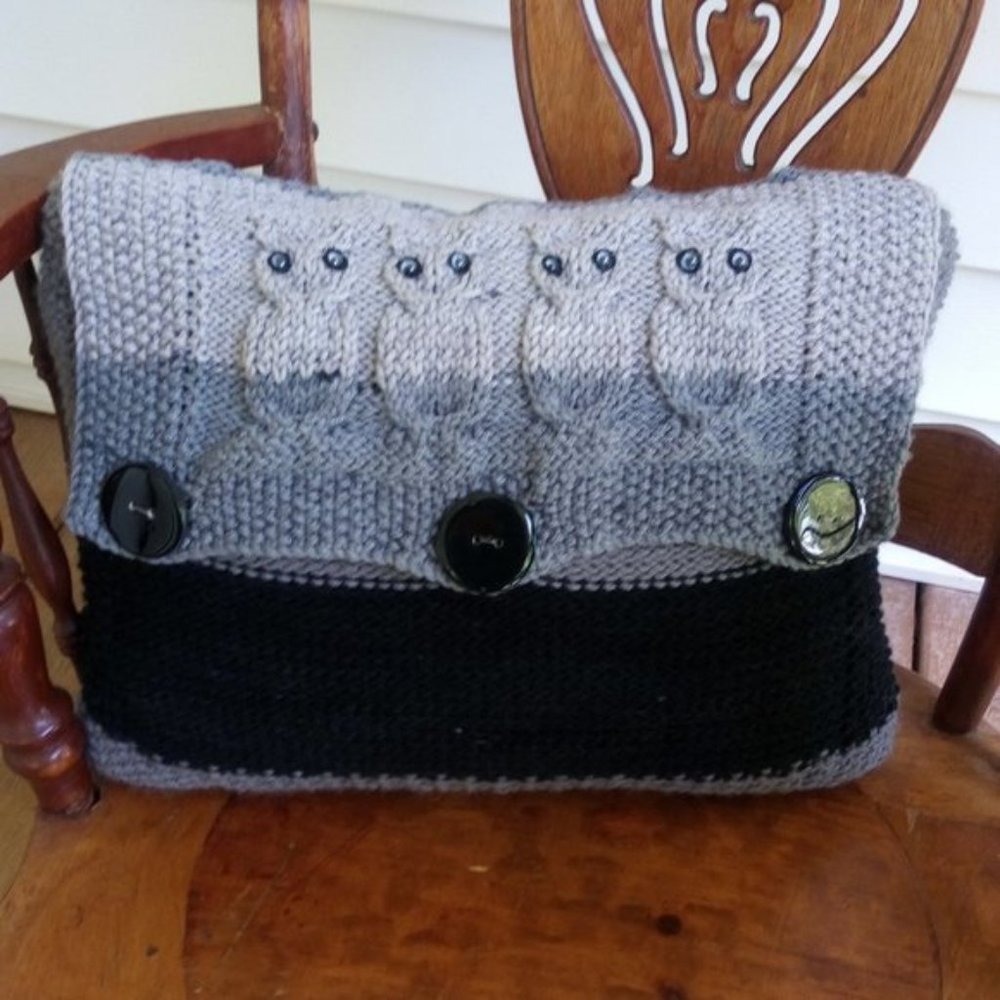 Hand Crafted Knit Throw Pillow Black & Gray Ombre Owl Designer Sofa Couch
